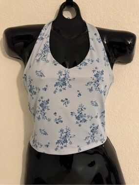 Hollister Halter Floral Crop Top - Light Blue